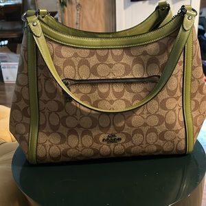 NWOT Coach bag  Signature print. Green trim & handles and bottom